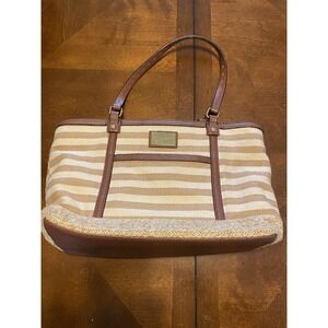 Dana Buchman Tan White Striped Woven Purse Brown Leather Neutral Preppy Beach Y2
